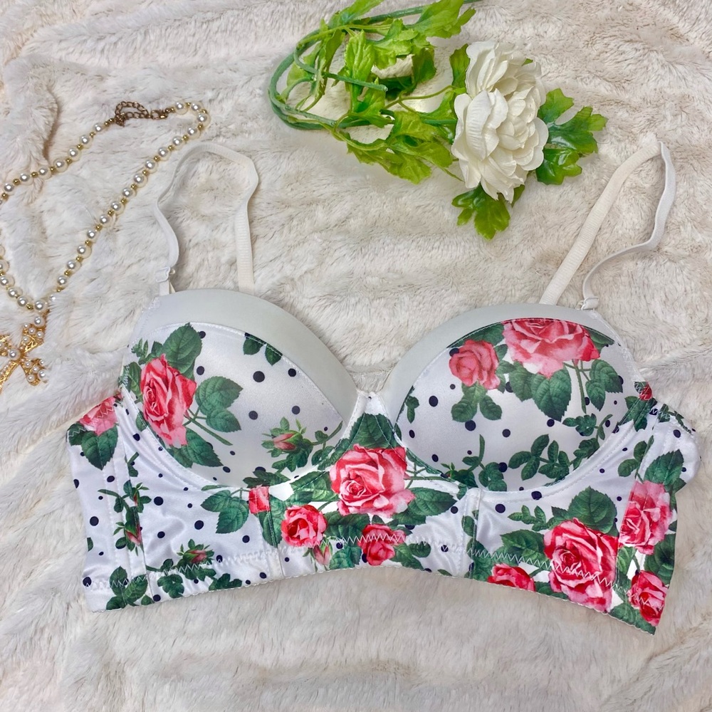 🌹 Red Rose Floral White Push Up Bra Top🌹